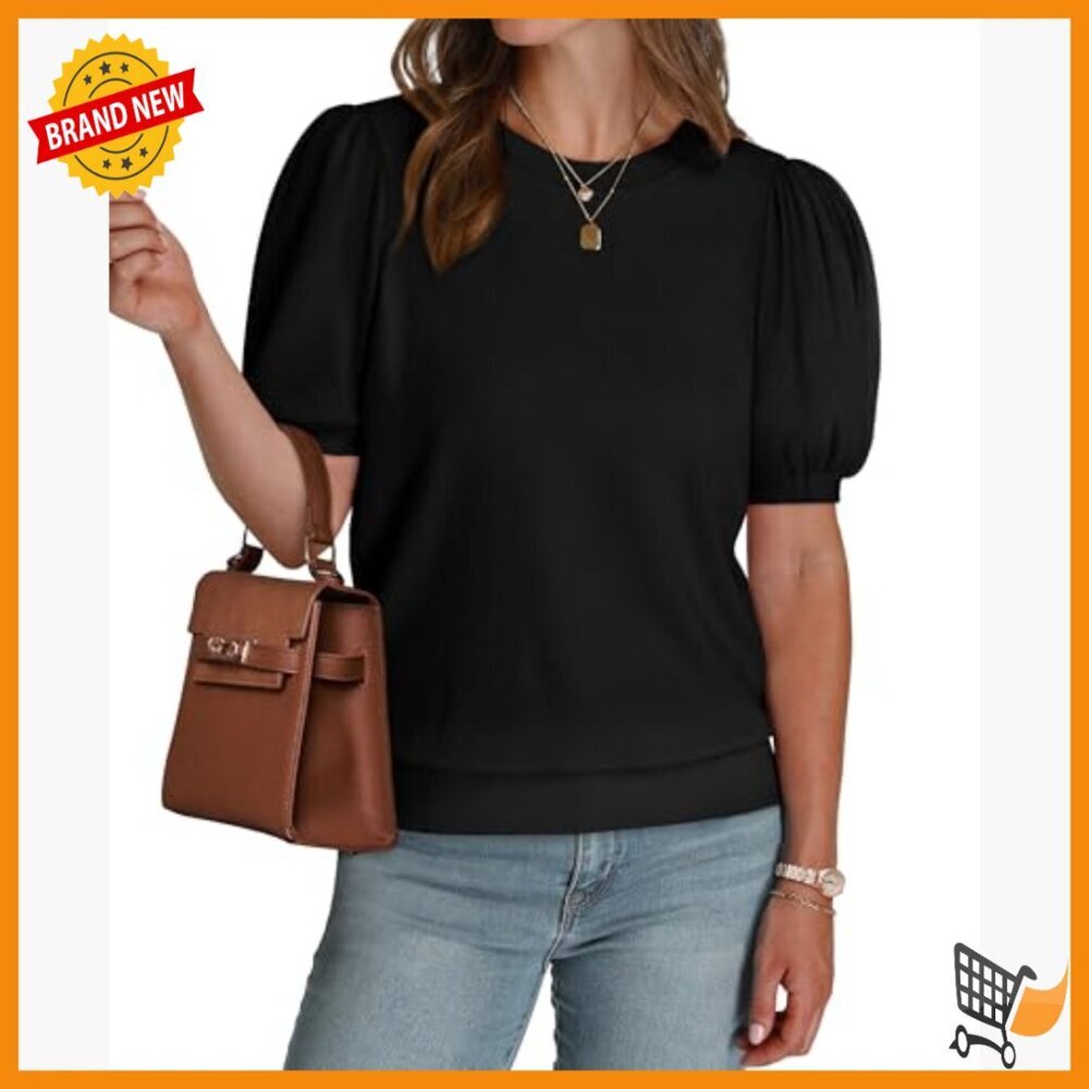 Puff Sleeve Short Sleeve Sweater Business Casual Top Lightweight Knit - Picture 4 of 7